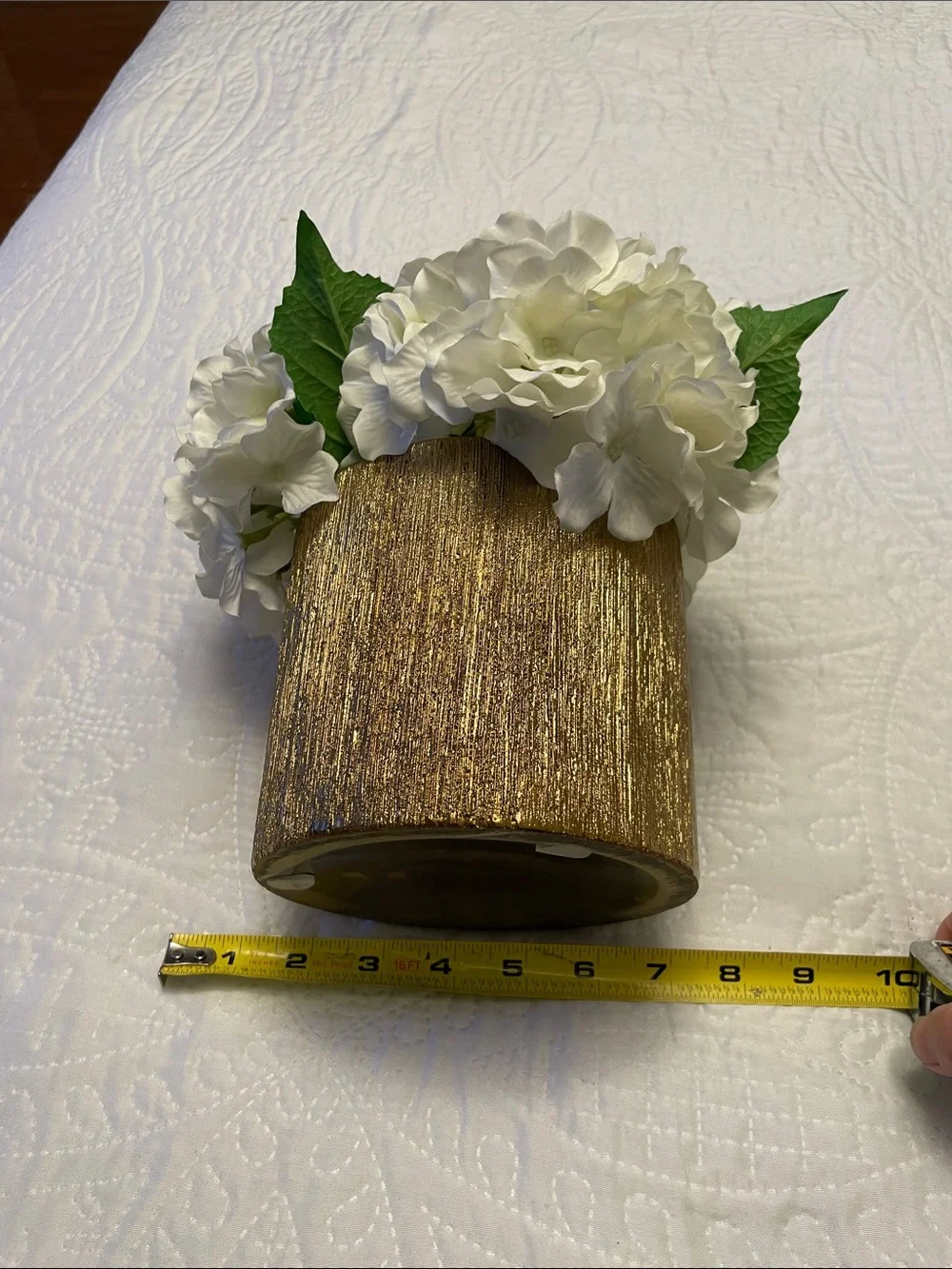 Elegant Faux Artificial White Hydrangeas Arrangement with Gold Color Pot Vase